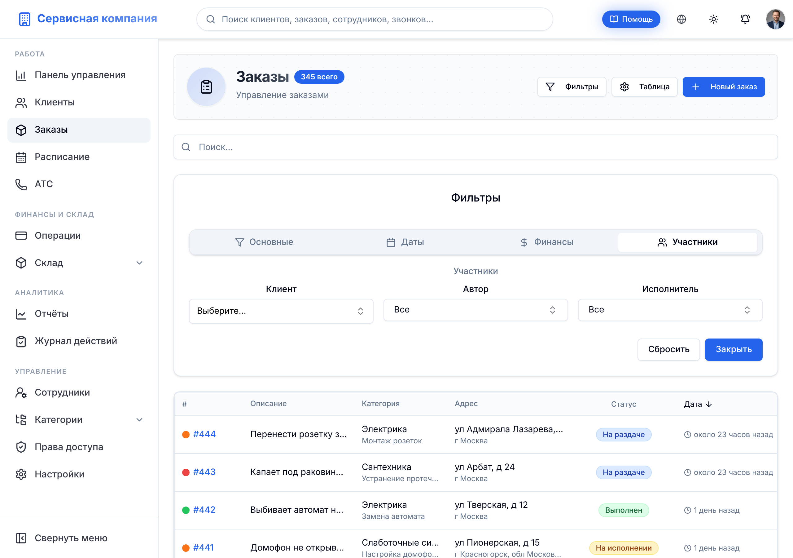 Фильтры по участникам