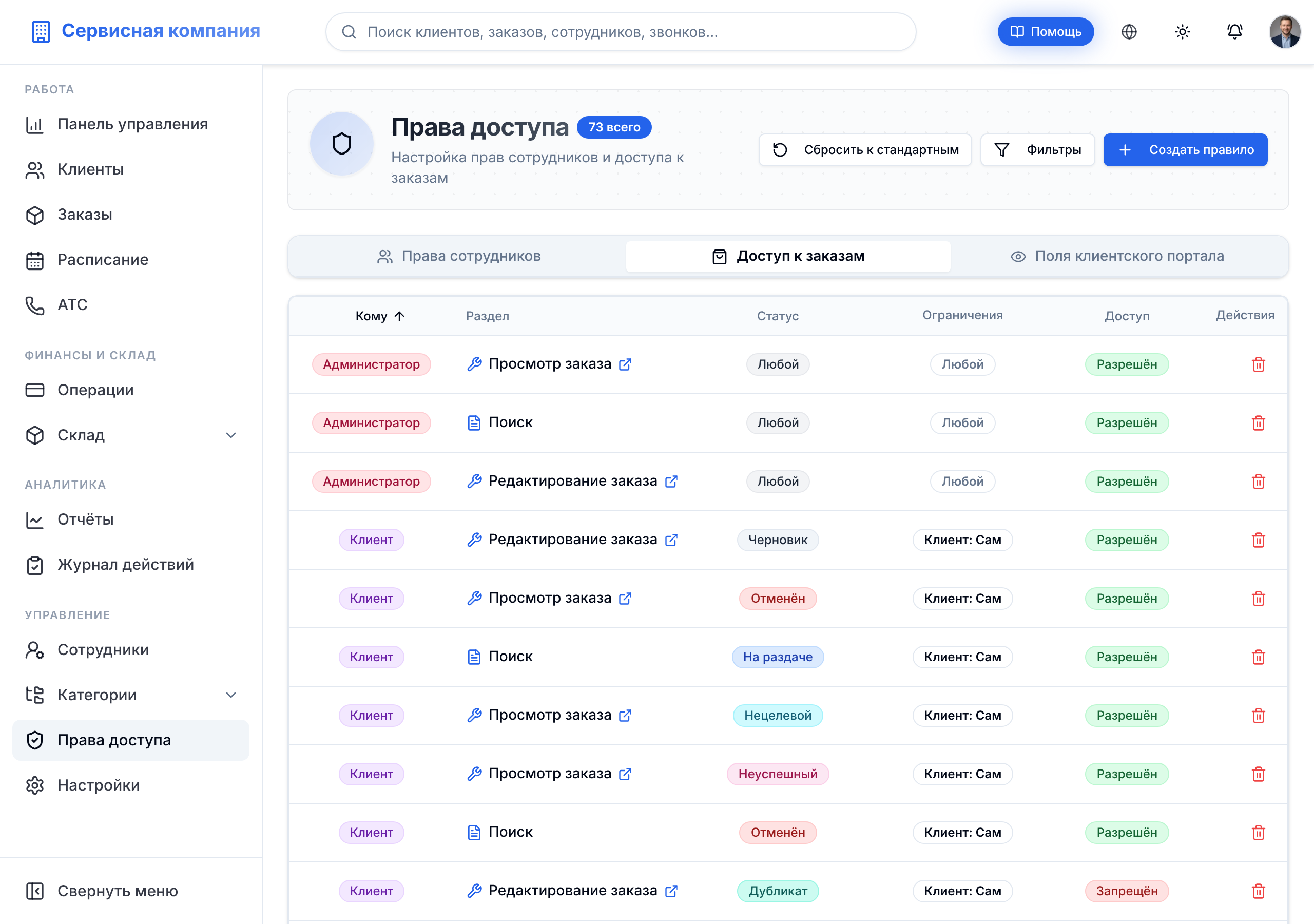 Вкладка «Доступ к заказам»