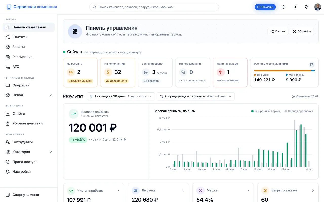 Панель управления AstraCRM